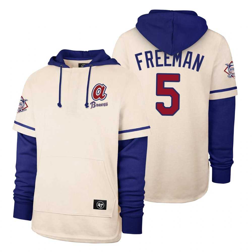 Men Atlanta Braves 5 Freeman Cream 2021 Pullover Hoodie MLB Jersey